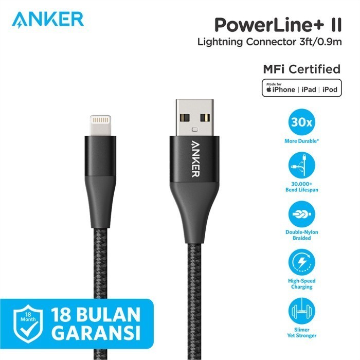 Kabel Charger Anker PowerLine + II 3ft Lightning - A8452