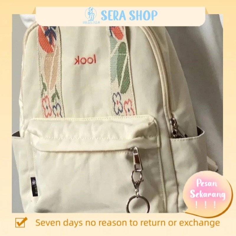 ∋♛Seraser Kecil Buku Merah dengan Sama Trendi Ransel Wanita Kapasitas Besar Kanvas Kasual Bunga Ring