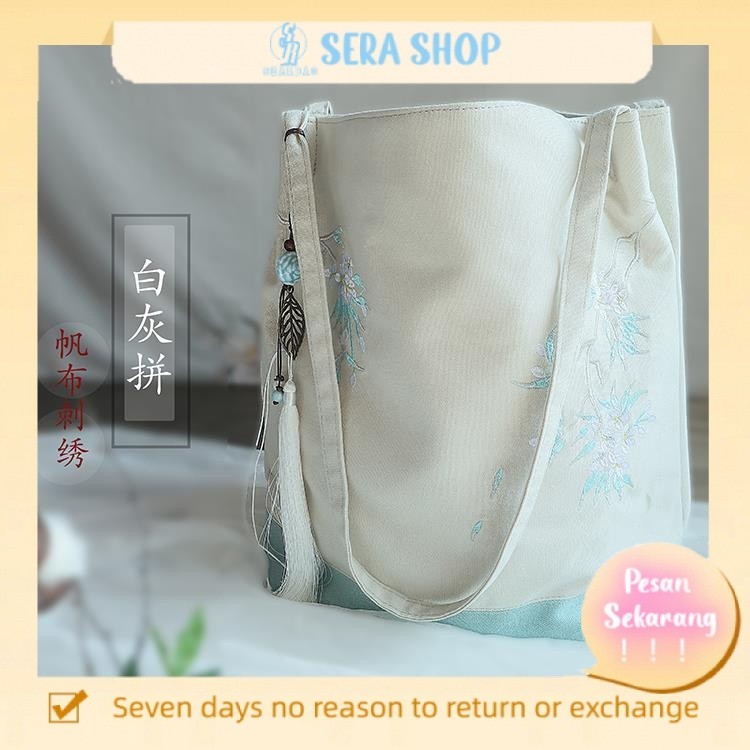 

✉❈Sera Han Elemen Sen Departemen Sastra dan Seni Retro Cina Kuno Gaya Hanfu Kanvas Bordir Kelas Genggam Satu Bahu Tas Ember Wanita