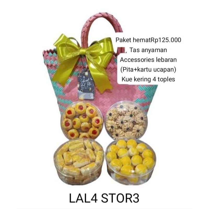 

Paket Ekonomis Tas Anyaman Isi 4 Toples Kue Kering 250gr Untuk Lebaran