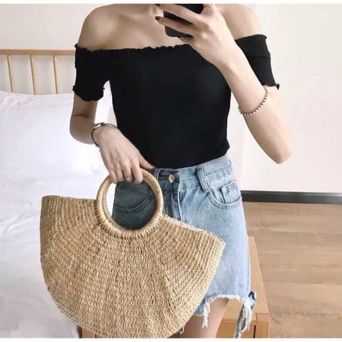 Gretel Knit Off Shoulder Blouse Baju Kaos Wanita Rajut Sabrina 2795