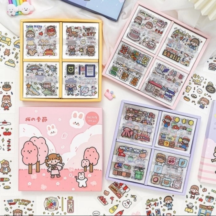 

100 lembar deco sticker box pvc / 100 lembar deco sticker box cute