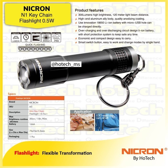 NICRON N1 Mini Key Chain Flashlight 20 Lumen Senter Mini