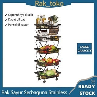 NEW SERIES RAK KERANJANG BUAH DAN SAYURAN RAK PENYIMPANAN MULTIFUNGSI RAK LIPAT - 4 SUSUN HITAM