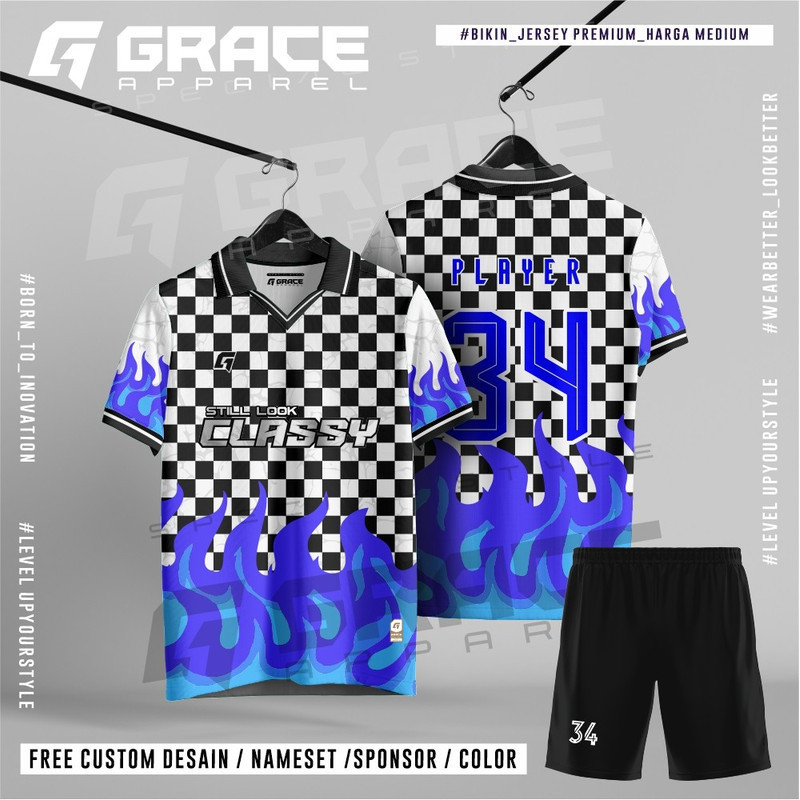 PREMIUM JERSEY KAOS SANTAI BERKERAH API BIRU CATUR KAOS RETRO VINTAGE KERAH