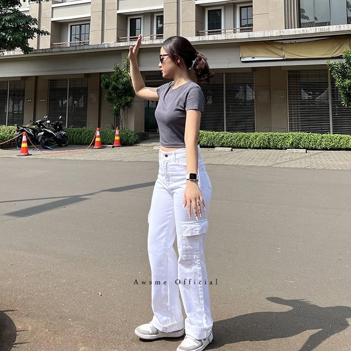 Hw Cargo Loose Jeans White / Jeans Cargo Wanita Kekinian Warna Putih / Celana Panjang Jeans Cewek Ko