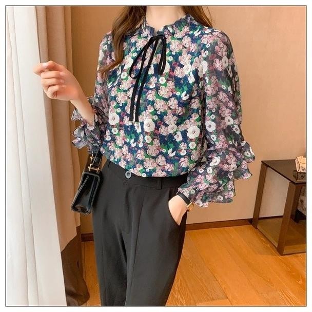 Blossom Tie Motif Bunga Atasan Floral Gaya Korea Blus Sifon Lengan Pj