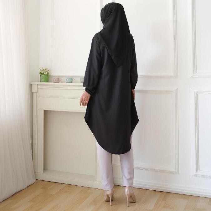 Tunik Wanita Muslim Tunic Hitam Polos Ld 110Cm Real Pict Knot M1179