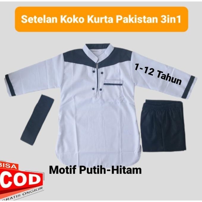 Setelan Baju Koko Kurta Toyobo Hitam-Putih Anak Laki Lengan Panjang
