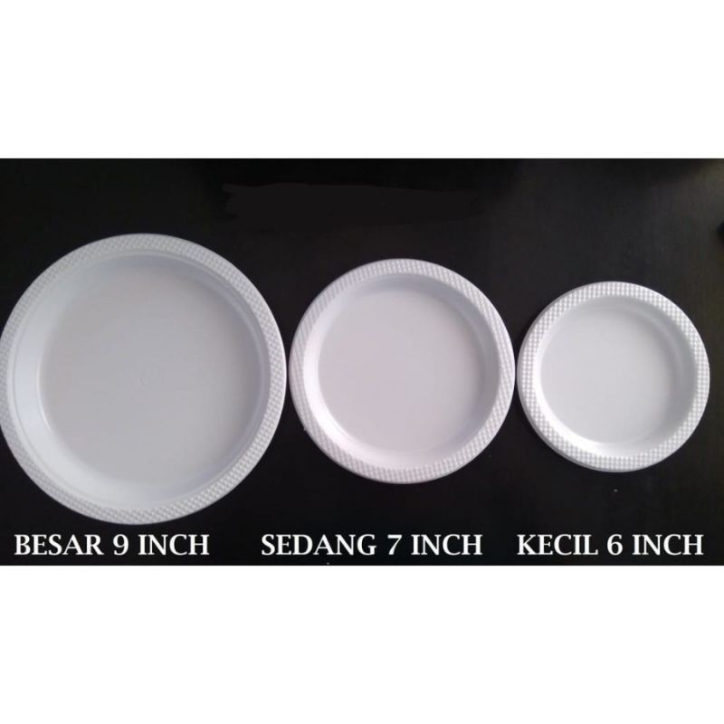 Piring Plastik Putih Susu Besar P-9 (50pcs), Piring Plastik P-7 (50pcs), Piring Plastik P-6 (50pcs)