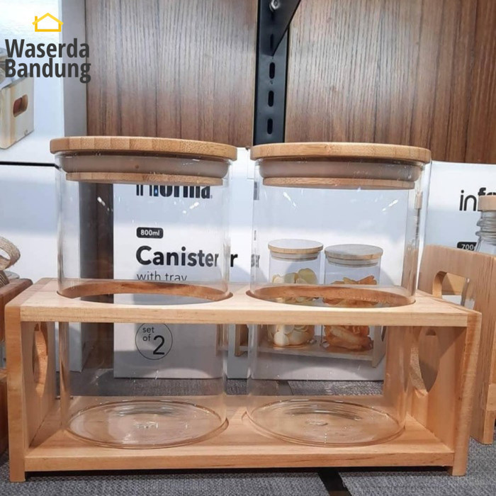 Toples Kaca Polos 800 Ml Dengan Tutup Kayu dan Nampan Set 2 Pcs Coco
