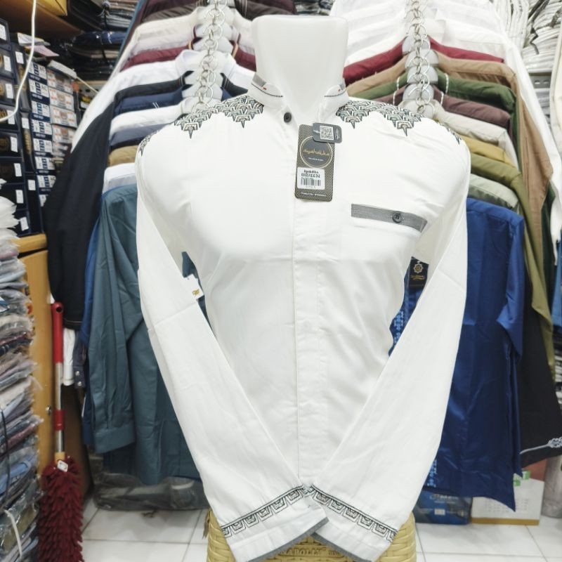 Baju Koko Syahdika Muslim Pria Bordir Lengan Panjang Putih BW Aplikasi