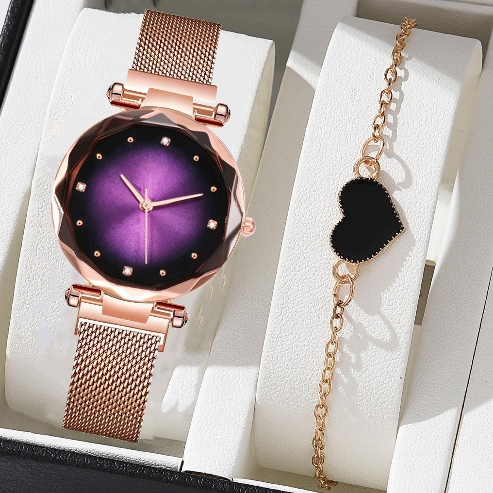 Baru Ready Stock Starry Quartz Perhiasan Wanita Mewah Rose Gold Jam Tangan Wanita Jam Magnet(No Box)