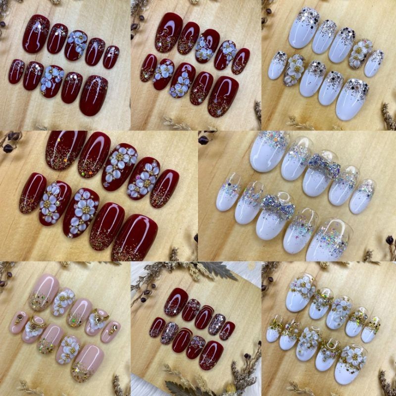 PREMIUM PRESS ON NAIL ART WEDDING NAIL WEDDING KUKU PENGANTIN WARNA MAROON GOLD WHITE
