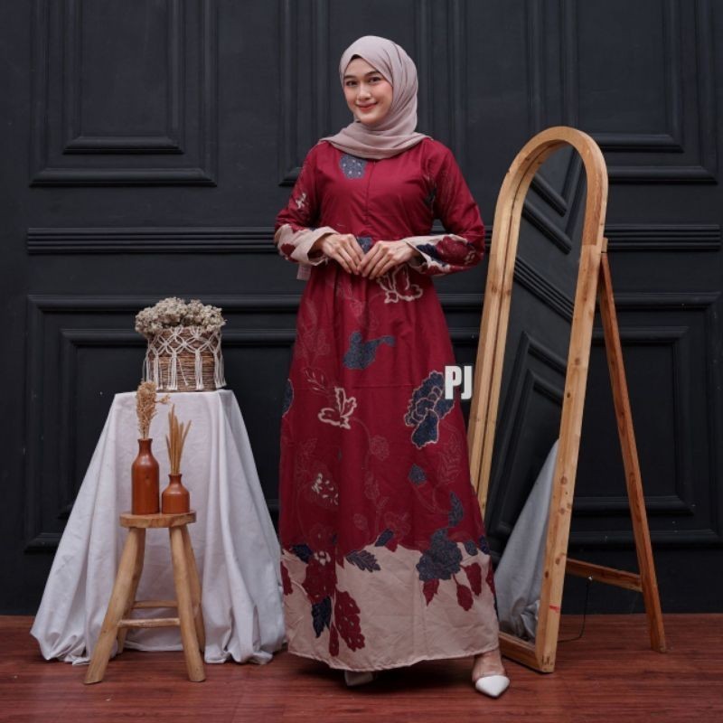Gamis Batik Modern Motif Mawar Merah Gamis Batik Pesta Model Terbaru di shopee