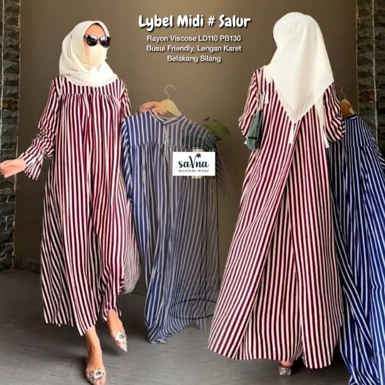 Terlaris Lybel Midi Salur By Savna | Gamis Katun Salur Garis Terbaru Diskom