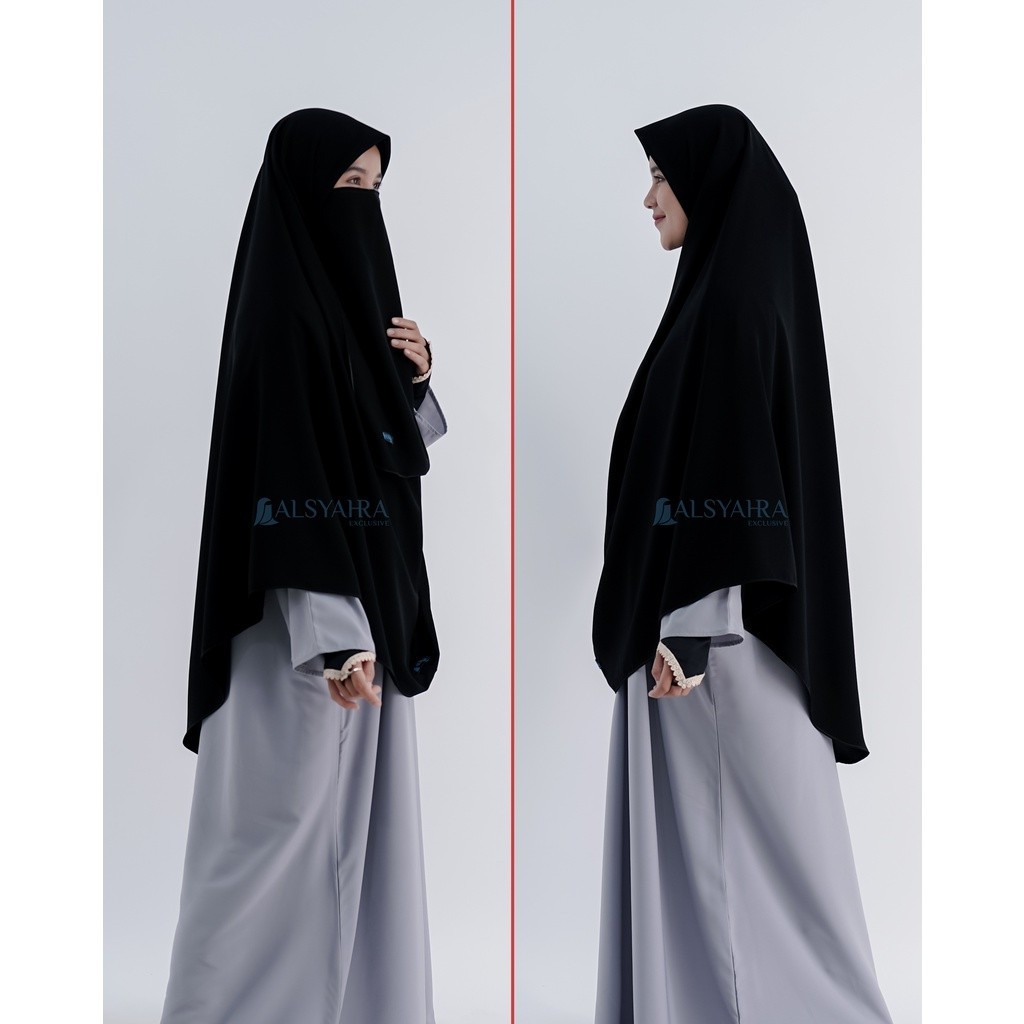NEW PREMIUM DAILY HIJAB Set Khimar Instan Aisyah Jetblack Alsyahra Exclusive Free Cadar Tali