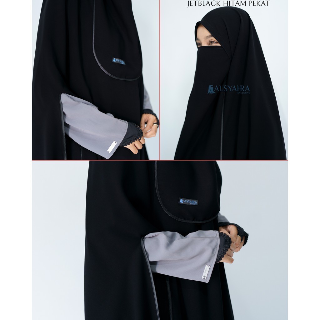 NEW PREMIUM DAILY HIJAB Alsyahra Exclusive Set Khimar Syari Handsplit Non Pad Cadar Tali Jetblack
