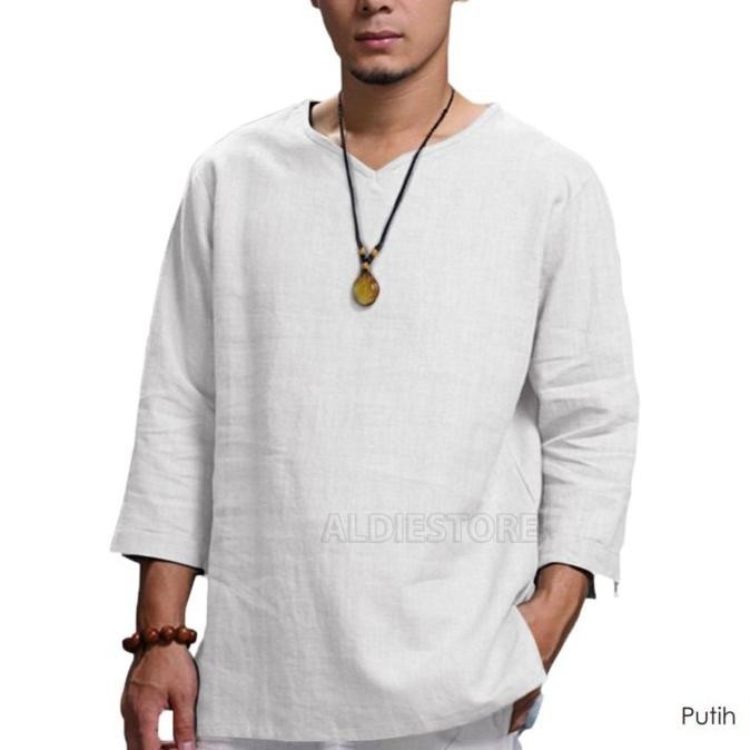 Baju Koko Kurta Pria Lengan Panjang 4/5 Putih Polos Kerah V-Neck