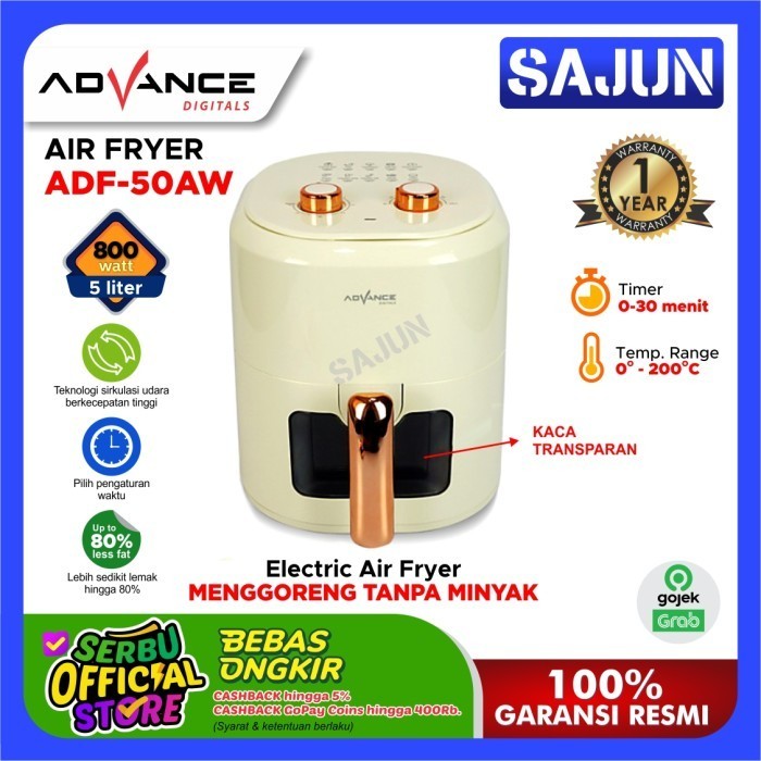 Advance Air Fryer Adf50Aw 5Liter Transparan Glass 800 Watt