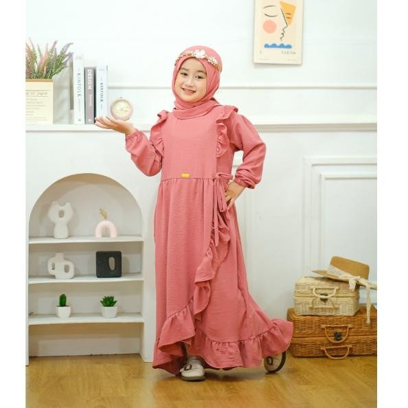Flash Sale Gamis Anak Elena Dress Bahan Crinkle Airflow Free Pasmina Instan Usia 1-10 Tahun H01 Sale