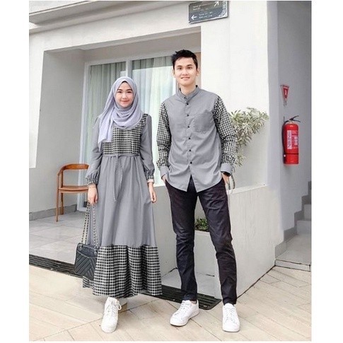 Gamis Cantika Batik Couple Kemeja Ice Blue Gamis Kondangan Gamis  Couple Gamis Katun Kotak + Koko Pa