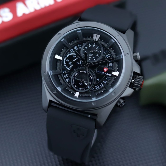 Jam Tangan Pria Swiss army analog Crono Tggl aktif tali rubber karet - Hitam IS129