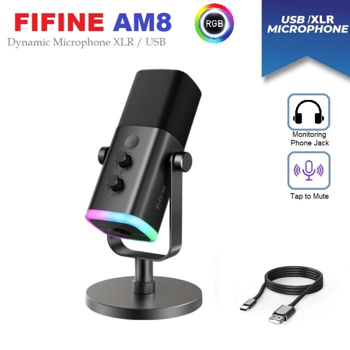 Mic Fifine Am8 Ampligame Dynamic Usb Xlr Rgb Podcast Streaming