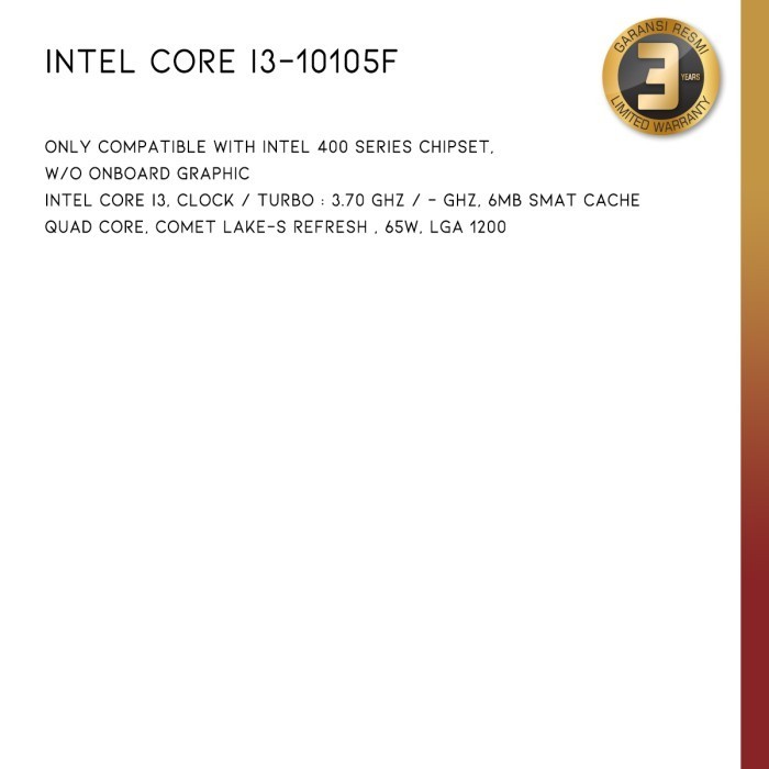 Intel Core I3 10105F Processor Intel Gen 10 Comet Lake Lga 1200