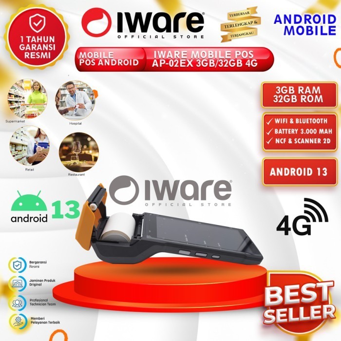 Iware Mobile Pos Android 13 Ap-02Ex 3/32Gb 4G With Printer 58Mm Termurah Terlaris Promo