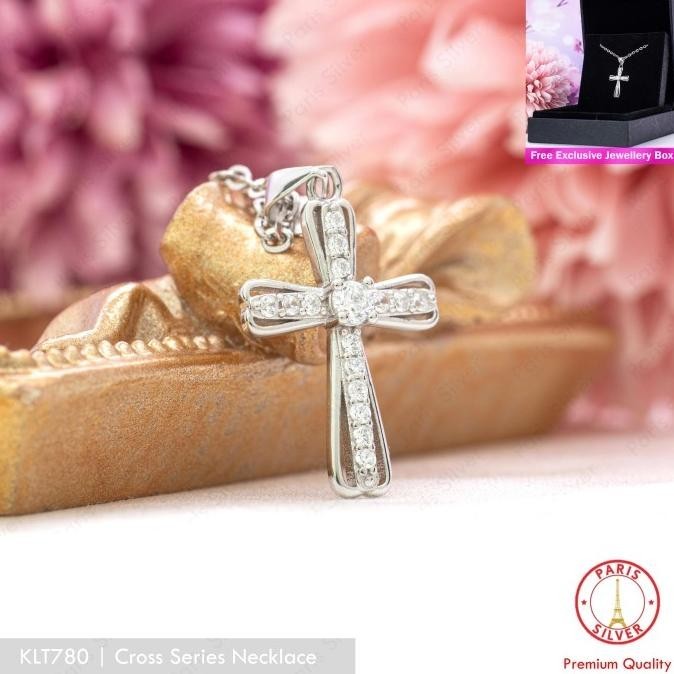 Kalung Salib Permata Perak 925 Lapis Emas Putih Wanita Liontin Salip E82JA