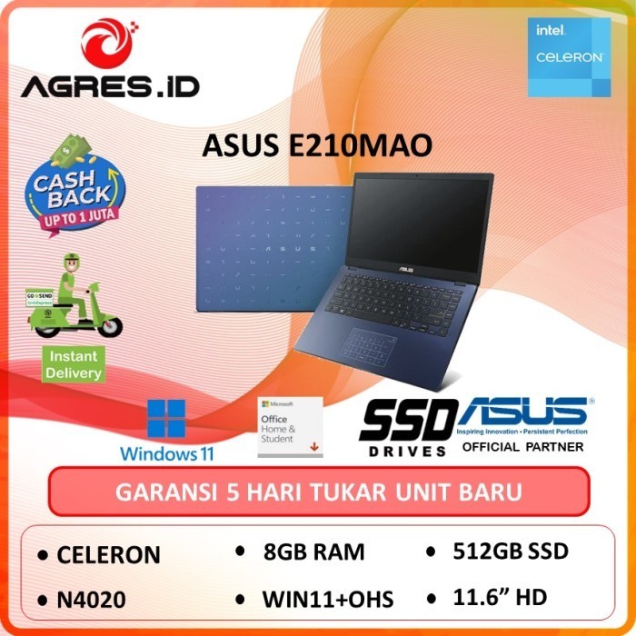 Asus Vivobook E210Mao Hd421 Celeron N4020 4Gb 256Ssd W10+Ohs 11.6" Hd