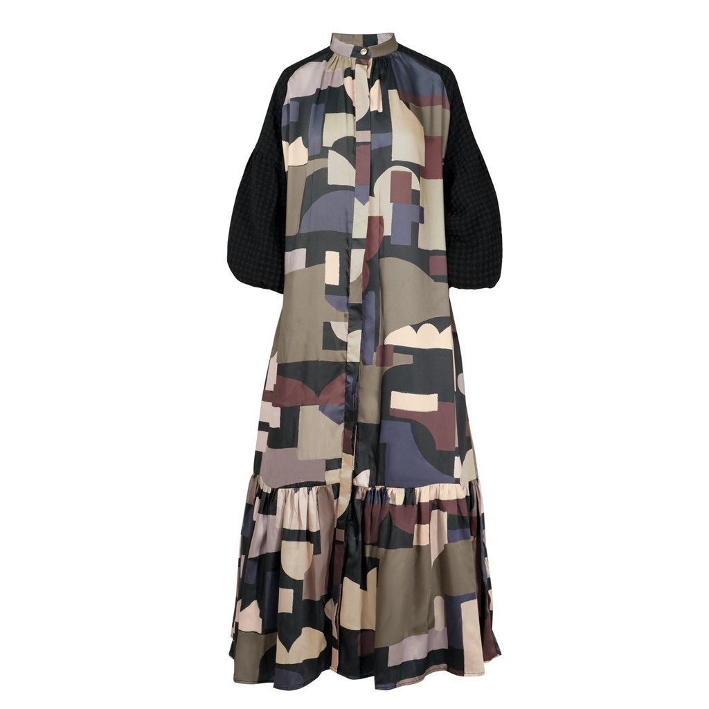 Benang Jarum - Amona Mix Fabric Dress with Puffy - Black