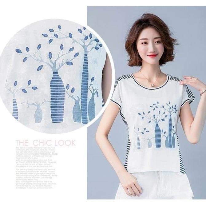 AB438646 Baju Atasan Putih Garis Wanita Cat Blouse Katun Korea Import