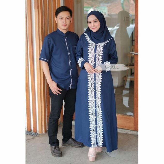 Sarimbit Gamis Kirana Couple Pasangan S M L Busui Renda Warna Polos Biru Navy Original
