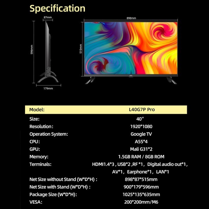 Google TvChiq 40 Inch Smart Tv Hdr10 Digital Tv (L40G7P Pro)