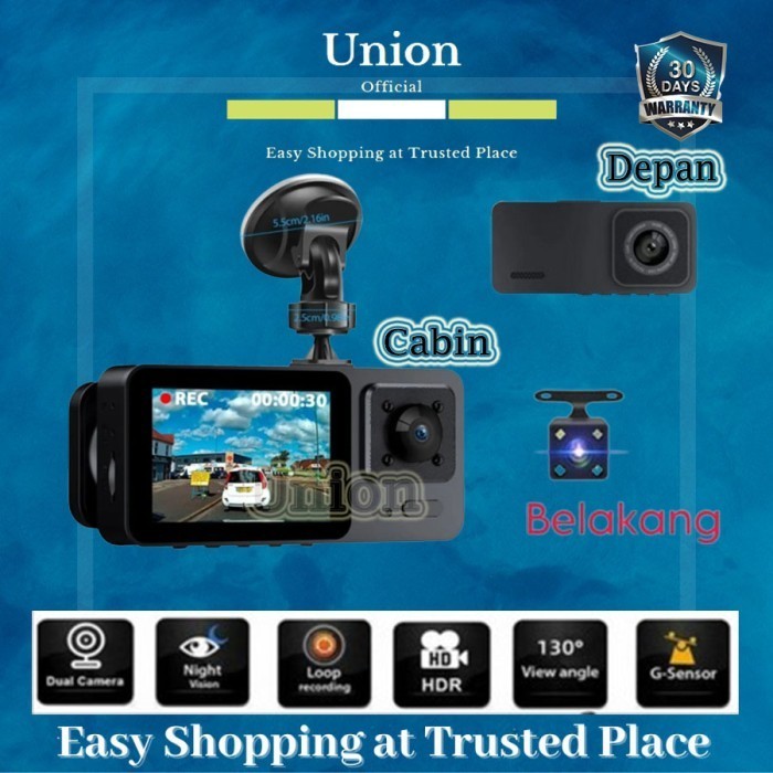KAMERA MOBIL 3 KAMERA FULL HD DVR MOBIL DASHCAM DEPAN BELAKANG