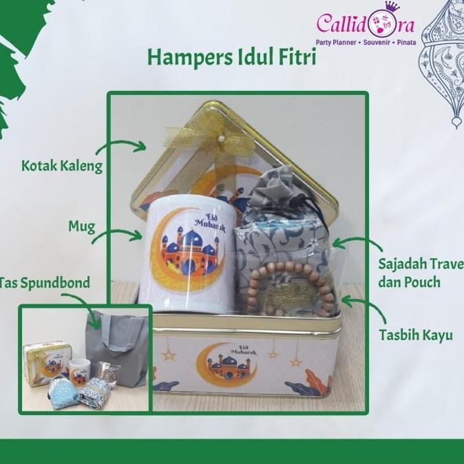 

Hampers lebaran mug n sajadah. tasbih. kotak kaleng