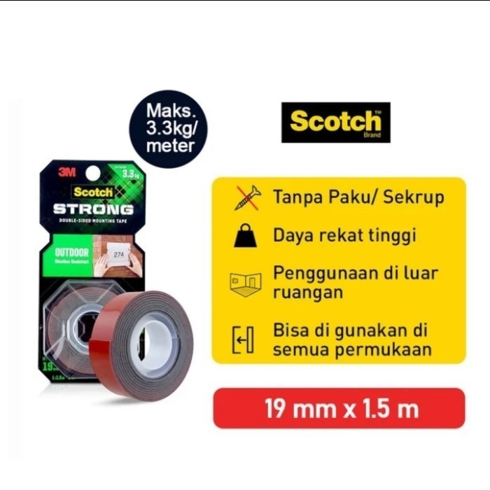 

Double Tape 3M Scotch Outdoor Mounting Tape 411-S19 -19mm x 1,5 meter BRG BARU