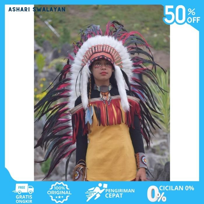 TOPI INDIAN - INDIAN HEADDRESS MEDIUM AYAM BILABONG MERAH FUR PUTIH PRODUK TERBAIK