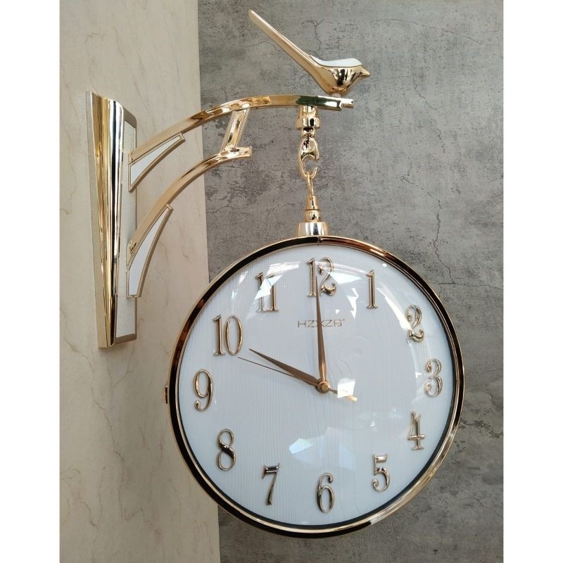 Jam Dinding 2 Sisi Putih Gold/ Jam Dinding Gantung 2 Sisi Putih Gold