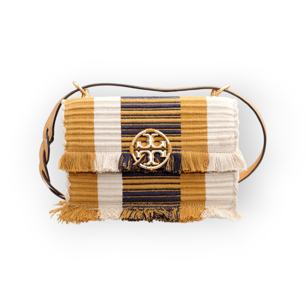 TORY BURCH Small Miller Woven Stripe Flap Shoulder Bag in Chutney/Natural Canvas
