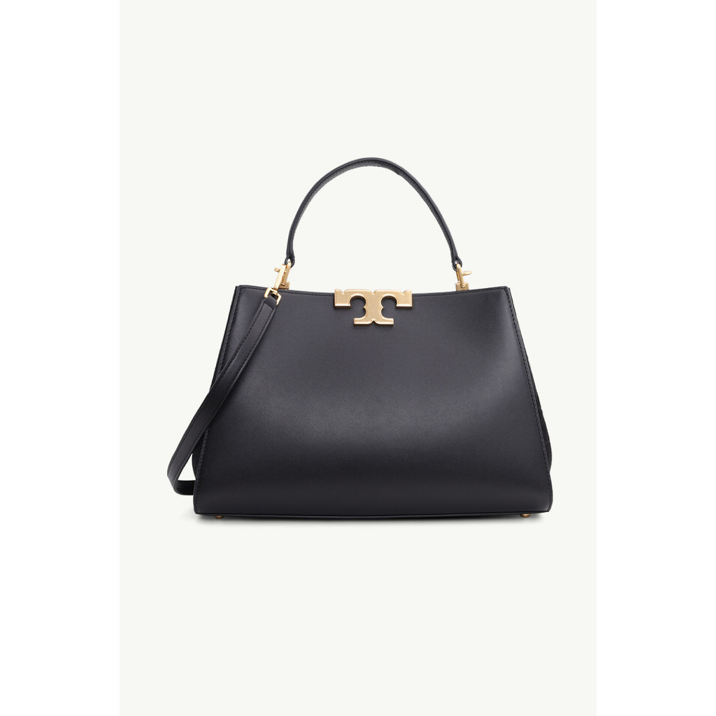 TORY BURCH Eleanor Spazzolato Satchel Bag in Black with Brass Hardware