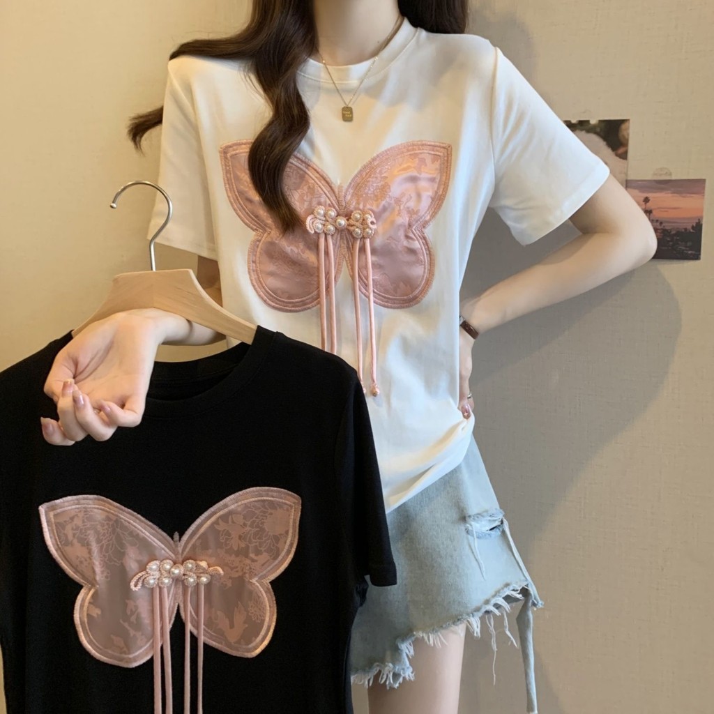 Baju Wanita Lengan Pendek, Baju Wanita Lengan Pendek, Bordir Kupu-kupu, Kerah Crew, KetatTBaju Kaos
