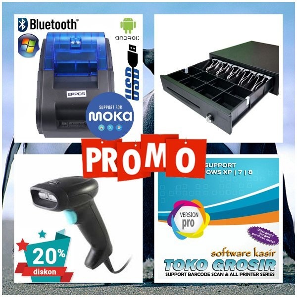 paket kasir printer mini thermal bluetooth scan barcode laci uang