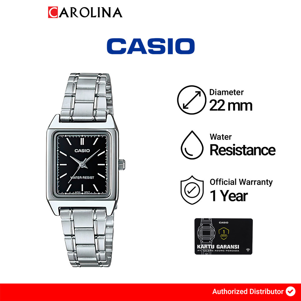 Jam Tangan Wanita Casio General LTP-V007D-1E Tank  Black Dial Stainless Steel Band