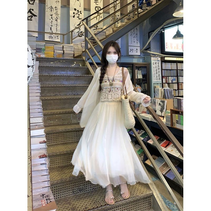 Rompi Rajut Berongga Peri Selebriti Internet+Kemeja Pelindung Matahari+Rok Lembut Wanita, Setelan Ti