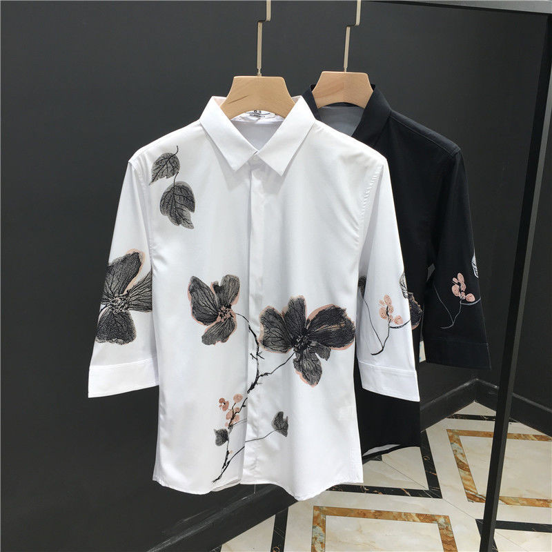 Kemeja Lengan 3/4 Modis untuk Pria, Kemeja Lengan Setengah Pas Badan Gaya Korea Modis Kasual Tampan 