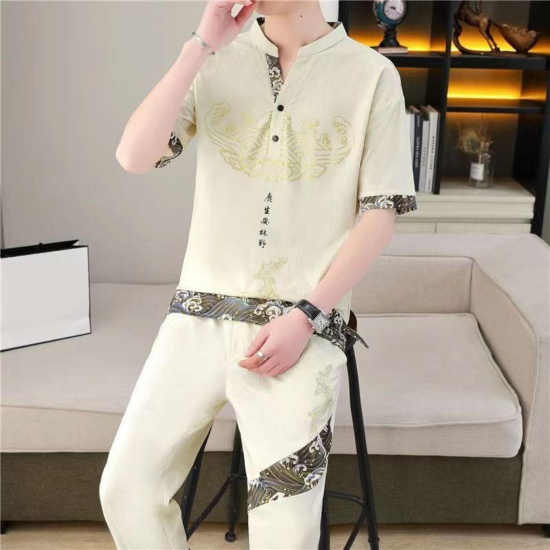 Celana Panjang Lengan Pendek Pria, Hanfu Tang Setelan Gaya China Baru Musim Panas Gaya China Setelan