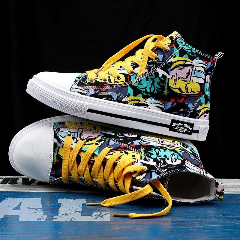Sepatu Grafiti Olahraga Pria, Sneaker Kanvas Anak Muda High-Top